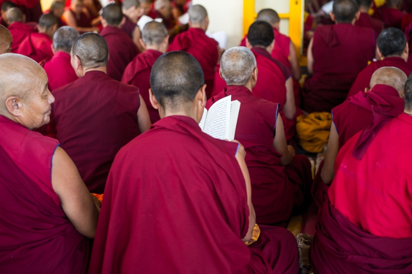 Buddhist monks in the Dalai Lama Temple, McLeod Ganj, Dharamsala, India